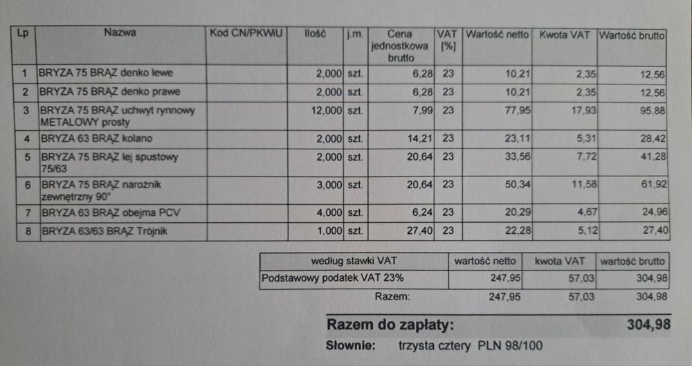 Komplet - złączki + rynna PCV 75 mm Bryza