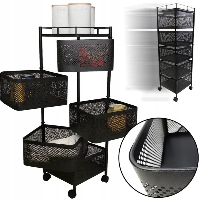 WÓZEK kuchenny 5 koszy czarny metalowy 90cm mobilny