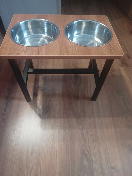 Miski metalowe dla psa na stelażu, drewno + metal, styl Retro