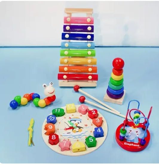 Drewniane Zabawki Montessori 5 w 1 : Ksylofon, Zegar,Skręcony Robak...