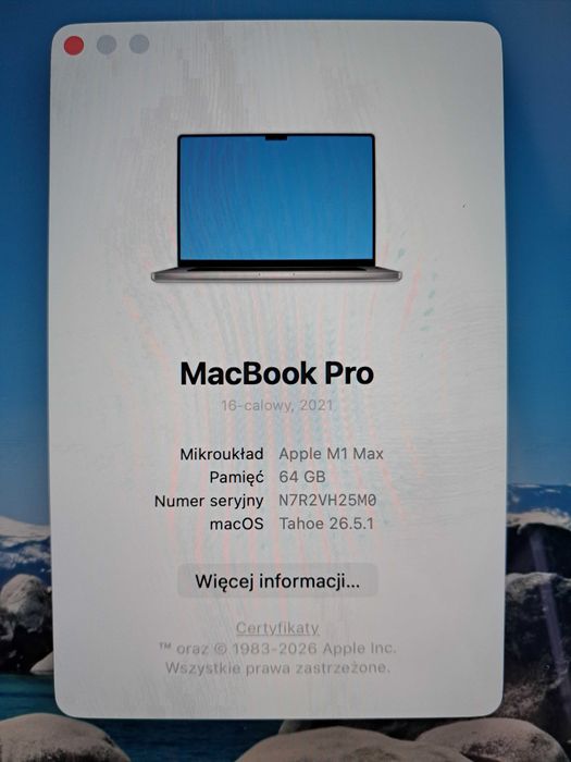 Laptop Apple Macbook Pro M1 Max 2021 16,2" 64 GB / 1 TB 32 rdzenie GPU