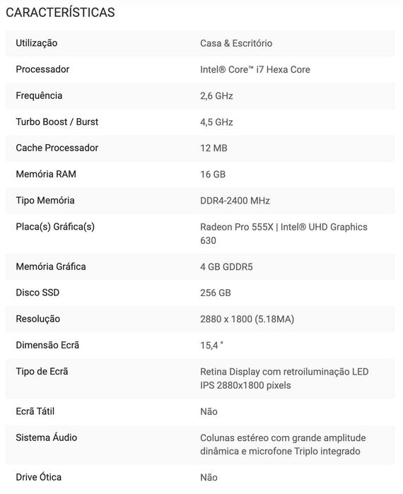 macbook pro 15' 2019 intel i7 2,6 GHz 16gb 256gb