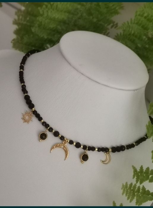 Naszyjnik choker czarny turmalin lunula słońce księżyc regulacja kamie