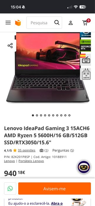 Vendo PC Gamer Lenovo IdeaPad Gaming 3 15ACH6 AMD Ryzen 5 5600H/ 16 GB RAM/512GB SSD/ RTX3050/15.6"