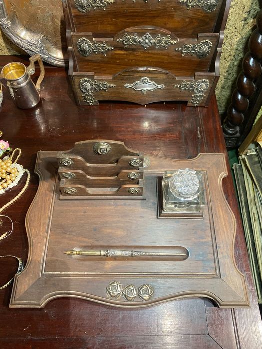 Tinteiro Secretária Pau Santo Prata Portuguesa Javali 31,5 por 23,5 cm