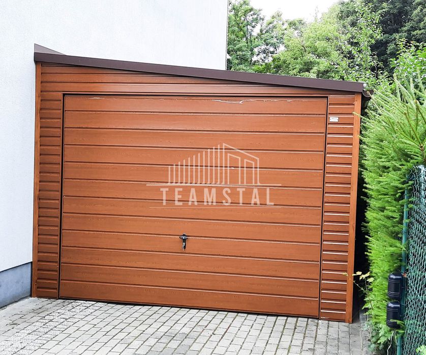 GARAŻ BLASZANY 3,5m x 6m - spad w prawo 2x Brama orzech  TS287