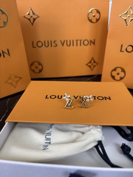 Nowe złote kolczyki Louis Vuitton LV stal nierdzewna pudełko torba