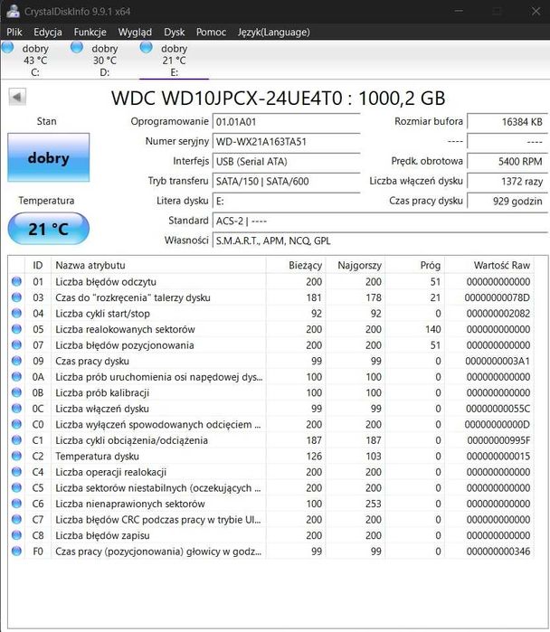 Dysk HDD firmy WD (WD10JPCX) 1 TB