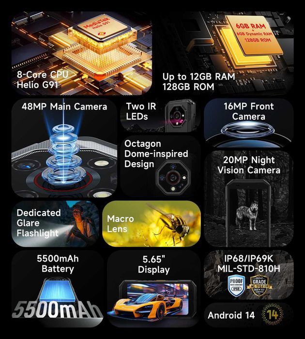 UleFone Armor X32, 12/128Gb, 48/20NV/16Mp 5500мАч 5,65" фонарь 120 люм