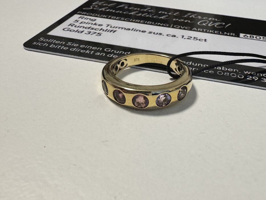 Nowy złoty  pierścionek 375 z 5 różowymi turmalinami 1.25ct 19mm