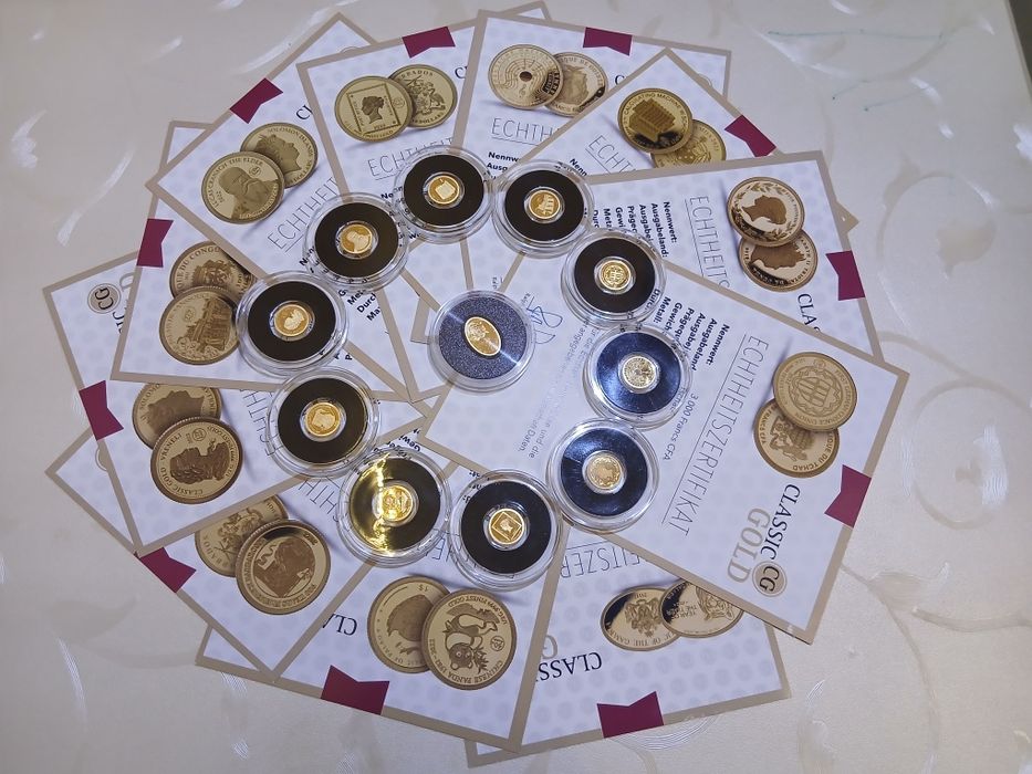 11 золотых монет 999.9 пробы, с сертификатами