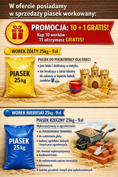 Piasek do piaskownicy,piasek workowany, piasek płukany - GRATISY