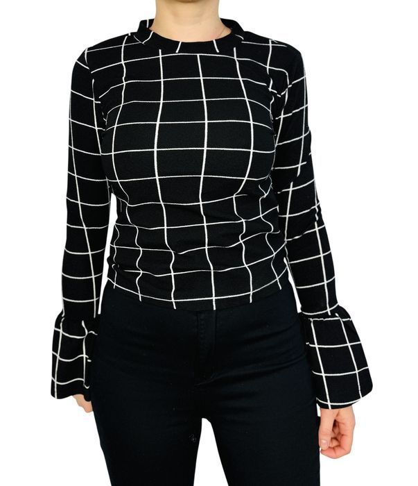 Czarna bluzka w białą kratę z rozkloszowanymi mankietami M 38