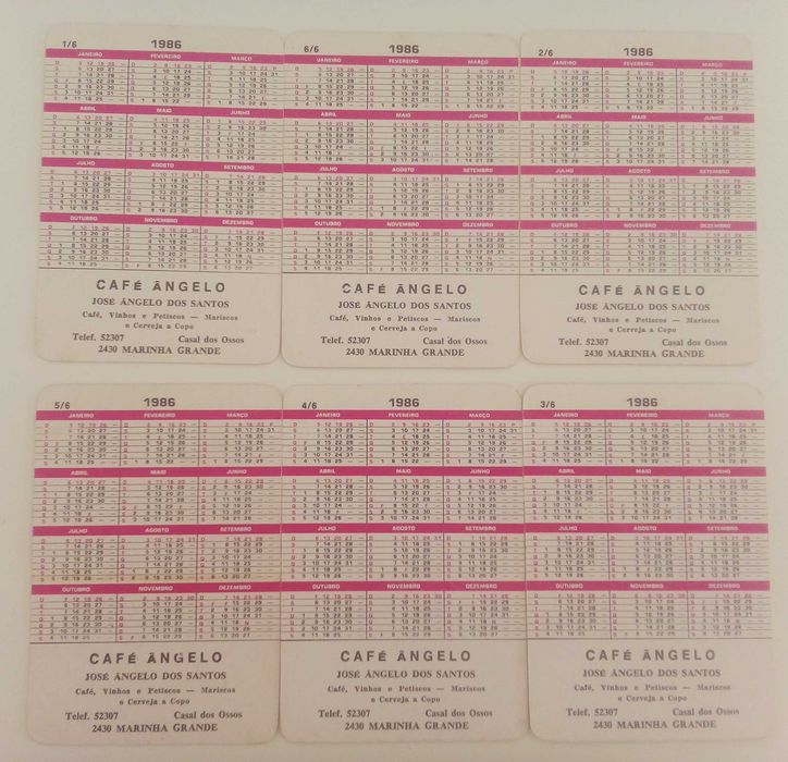 6 calendários de bolso - 1986