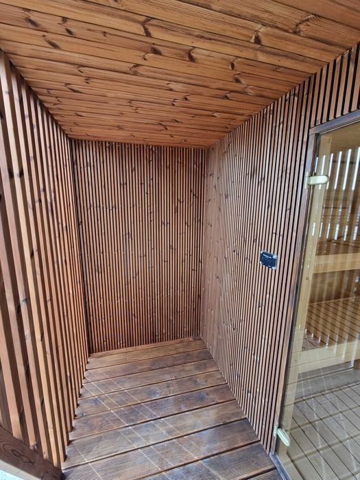 Sauna wolnostojąca ogrodowa AURORA II thermo sosna przedsionek piec opalany drewnem