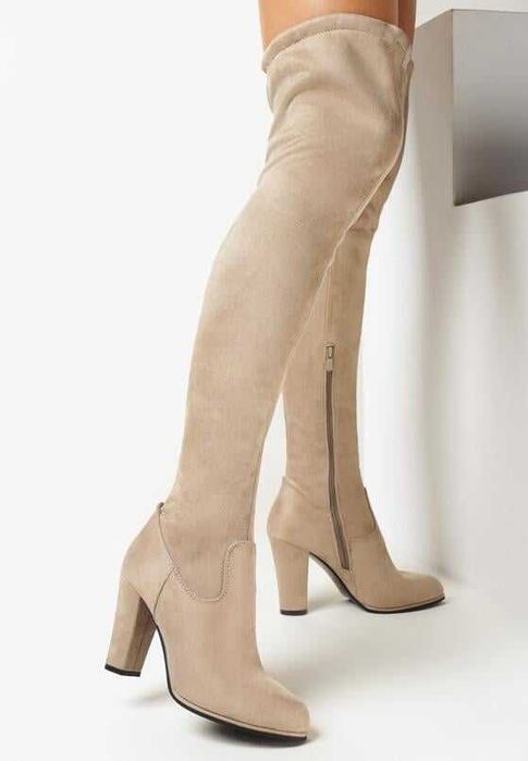 Beżowe muszkieterki botki na obcasie długie rozmiar 37,5 nowe