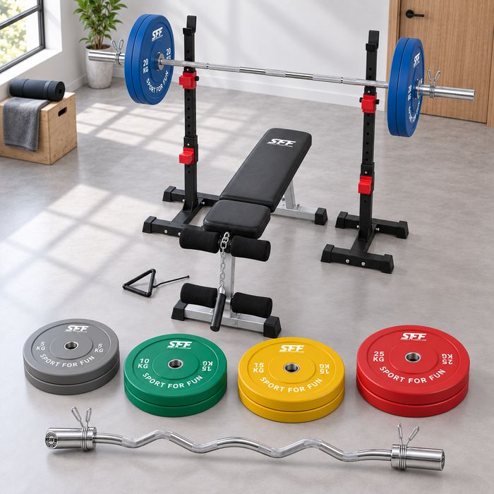 Kompletna Siłownia 150KG Bumper Ławka Gryfy Olimpijskie Stojaki