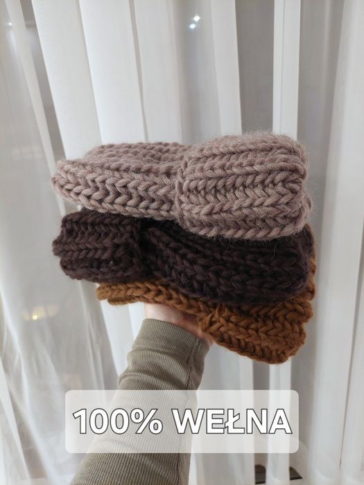 Czapka recznie robiona 100% wełna owcza handmade szarobeżowa nugat