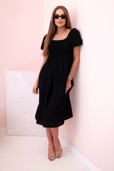 Sukienka damska czarna midi bufiaste rękawy wiskoza
