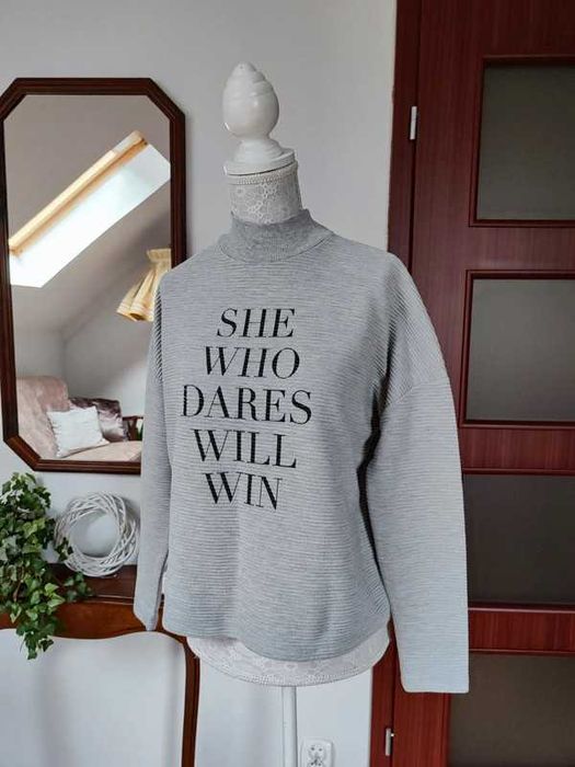 Bluza szara prążek Atmosphere pół golf napis 40 L prążkowana basic