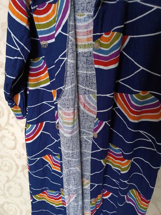 євро 46 / 50-52-54 синій махровий халат у веселках довгий +капюшон ГДР