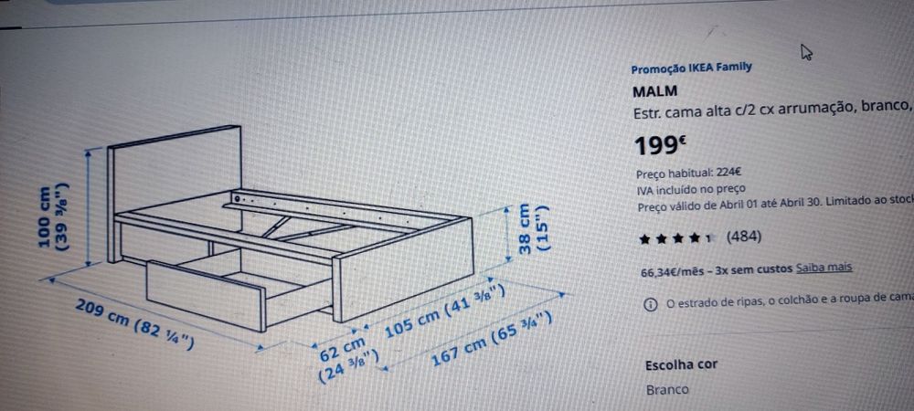 Cama individual Malm com arrumação