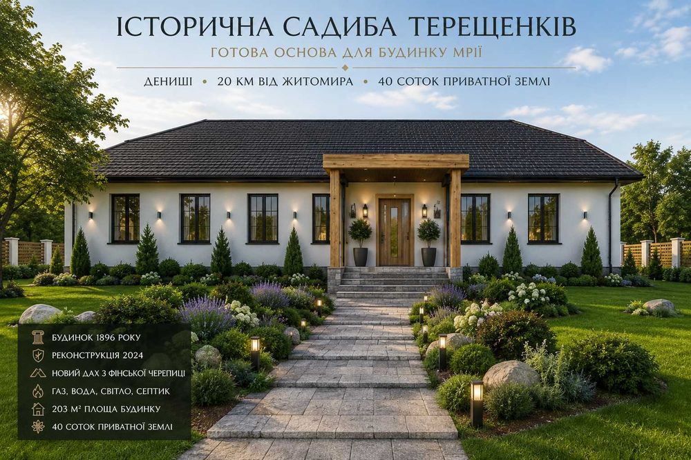 Еко-дім. Історична садиба Терещенків із сучасною реконструкцією 203 м², 40 соток, Дениші