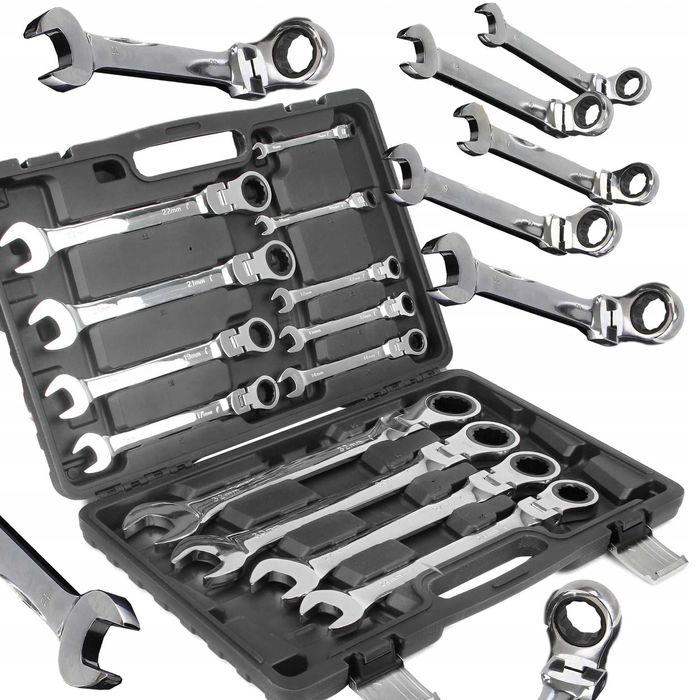 Klucze płasko oczkowe z grzechotką łamane 8-32mm 13el walizka