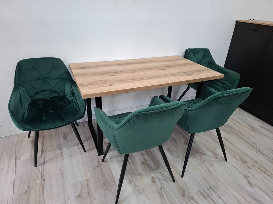 Stół na stelarzu metalowym + 4 krzesła zieleń butelkowa tapicerowane
