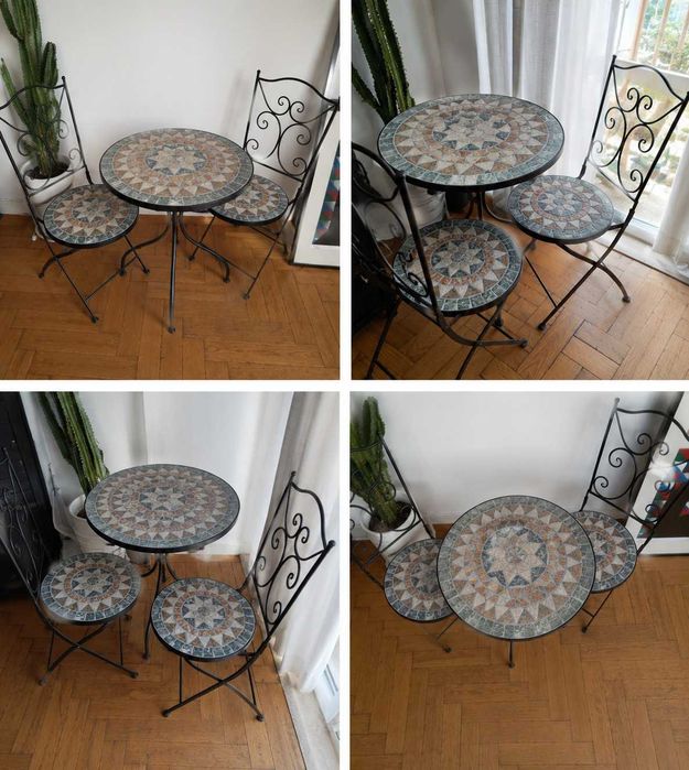Conjunto de Jardim/Varanda em Ferro e Mosaico – Mesa + 2 Cadeiras
