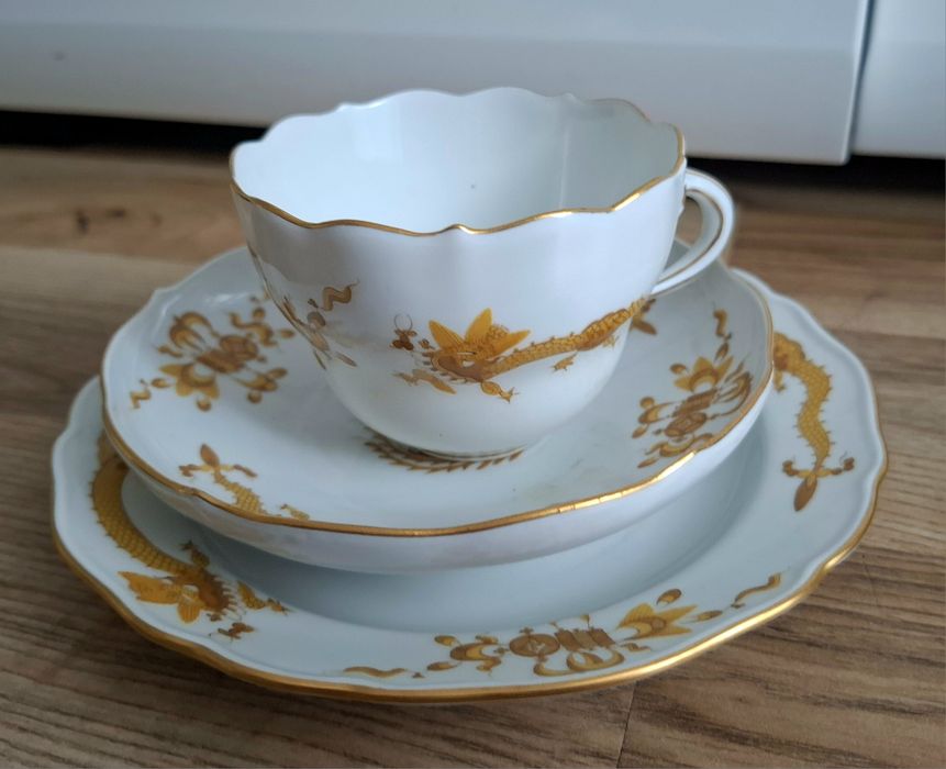 Misnia Trio Meisen pozłacany smok porcelana zestaw jak nowy