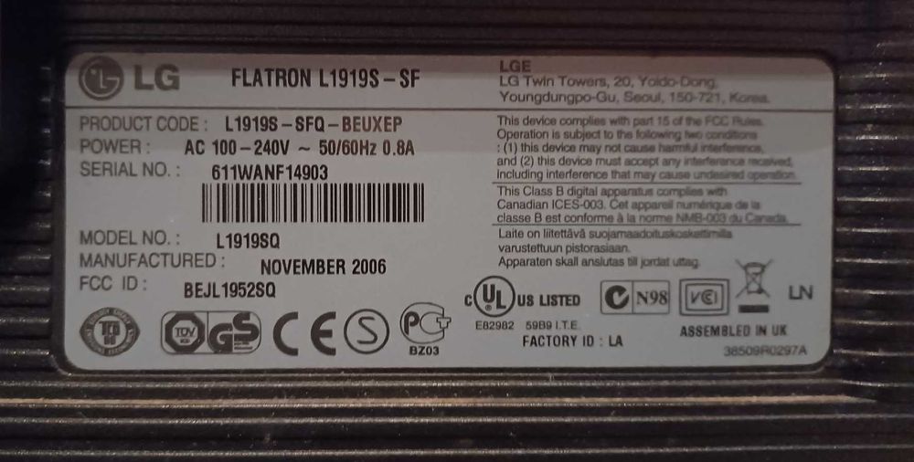 Monitor LG Flatron L1919S. Como Novo.