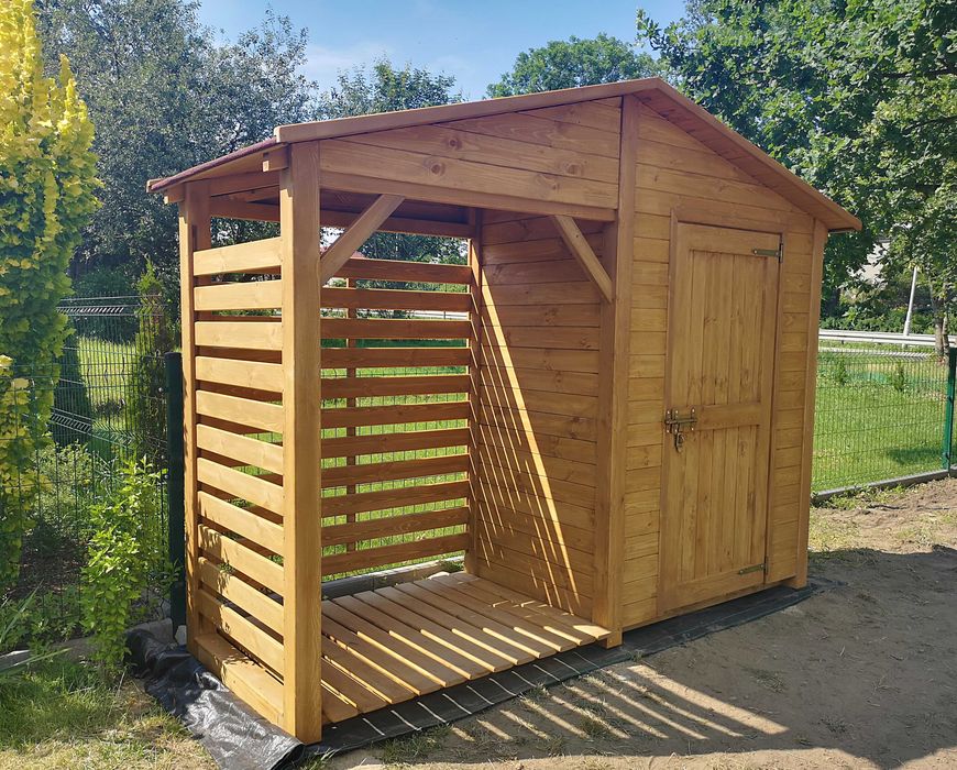 Domek narzędziowy 2 x 1,1m z  drewutnią 1,14 x 1,1m z dachem prostym