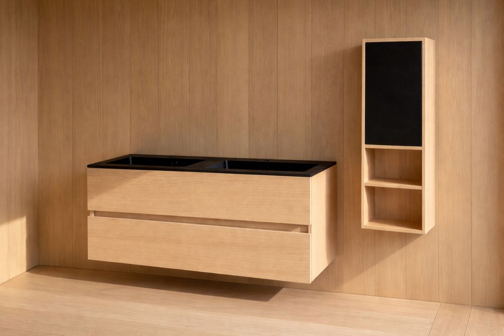 Nowoczesny komplet lazienkowy Delpha z podwojna umywalka