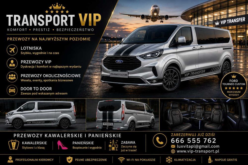 Transport VIP | Lotniska | Wesela | Kawalerskie | Panieńskie | Ford Tourneo Custom 8 os.