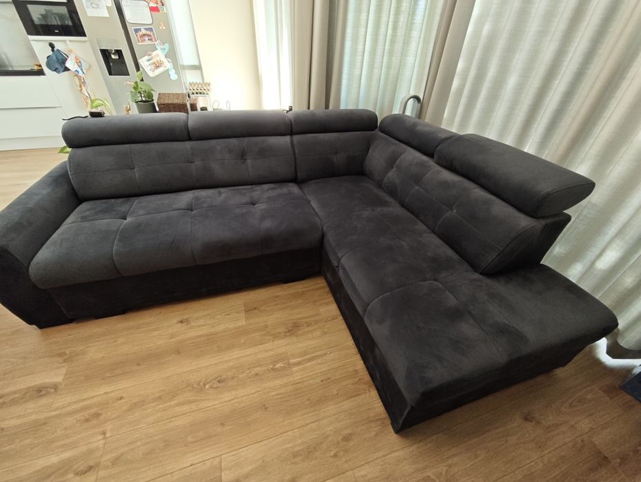 Sofá com chaise long, cama e arrumação – Cinzento Escuro