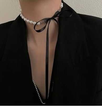 Трендовый чокер жемчуг с черной лентой, бусы жемчуг, ожерелье жемчуг