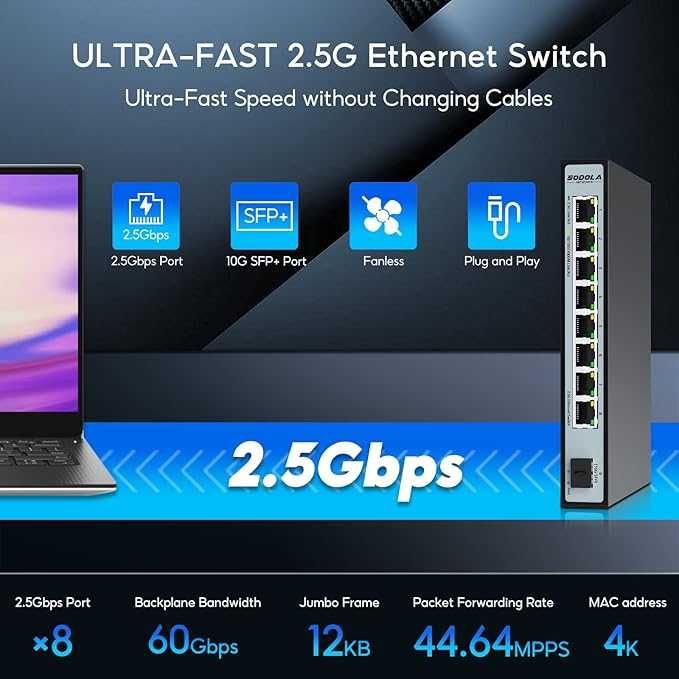 SODOLA 8-portowy przełącznik Ethernet 2,5 G z 10G SFP