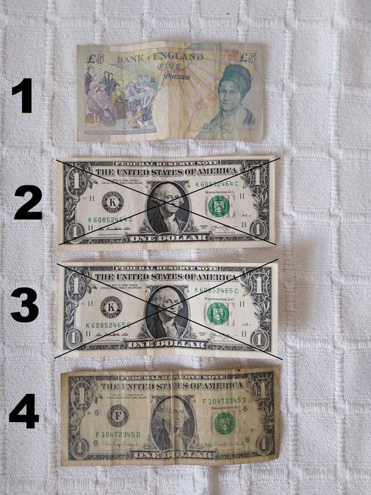 Nota "Cinco Libras Inglesas 2002" + Nota "Um Dólar Americano 1988"