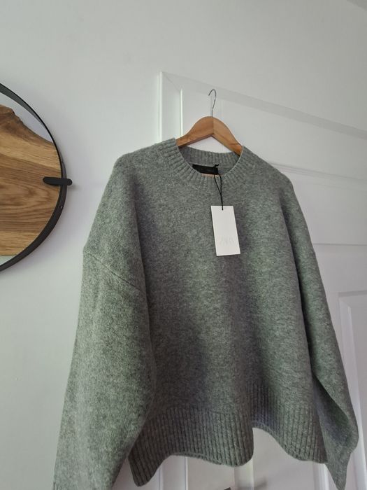 Zara L 40 sweter z miekkiej dzianiny wełna akryl szary basic