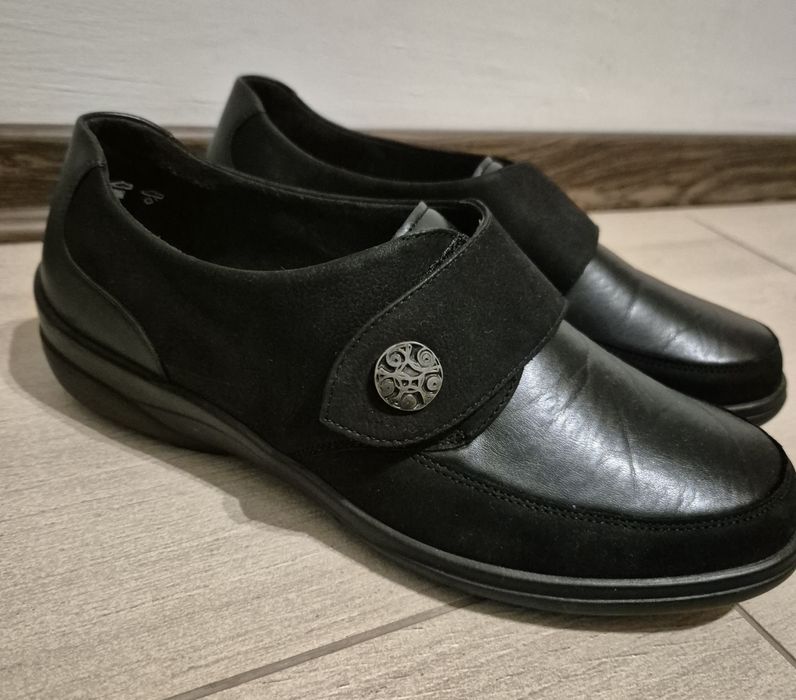 Buty SOLIDUS na szeroką stopę, czarne, skórkowe, na rzep, rozm.42,5