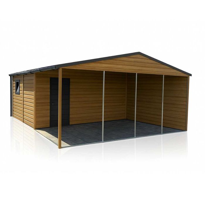 Domek Narzędziowy z wiatą 6x6 dwuspadowy drewnopodobny, drzwi, okno