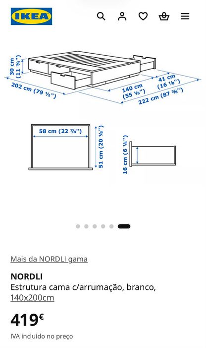 Cama de Casal (140x200 - NORDLI) - Estrutura cama c/arrumação, branco