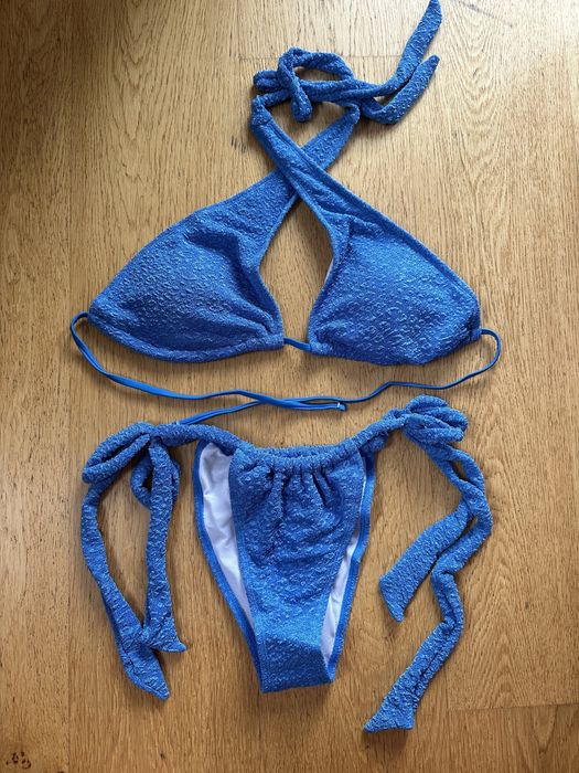 Bikini niebieskie shein L karbowane z fakturą sexy wiązane