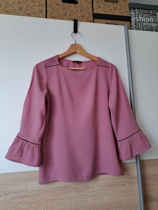 Massimo Dutti elegancka damska bluzka rękaw 3/4 rozmiar S 36 różowa efektowna ażurowa falbanki przeszycia markowa premium boho romantic letnia na lato