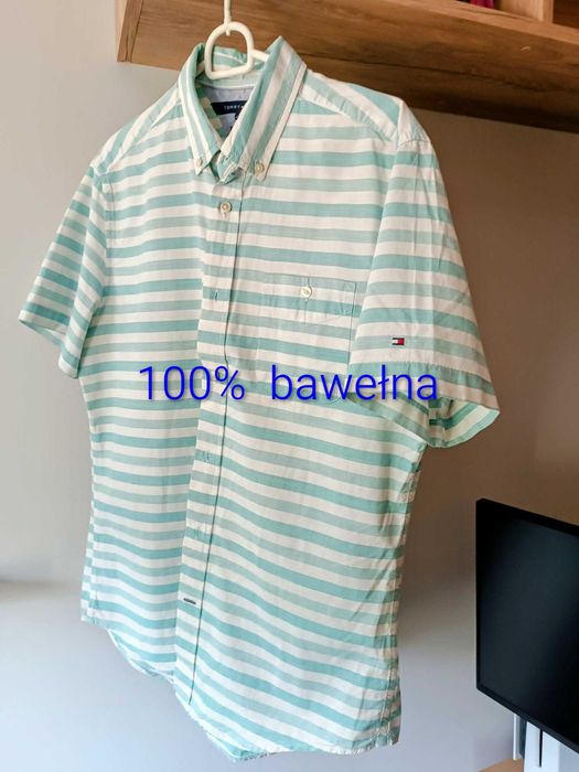 Koszula męska w paski miętowo kremowe 100% bawełna  M/L Tommy Hilfiger