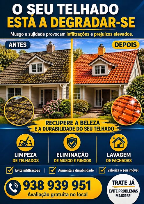 Limpeza de Telhados Profissional | Remoção de Musgo + Proteção Hidrofugante 10€m2