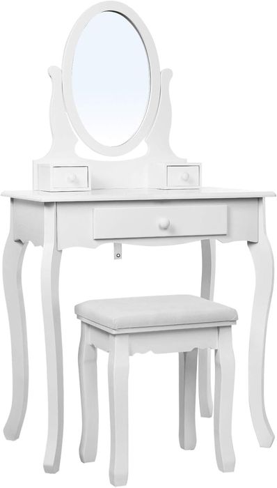 Toaletka kosmetyczna z lustrem i taboretem – biała, 3 szuflady