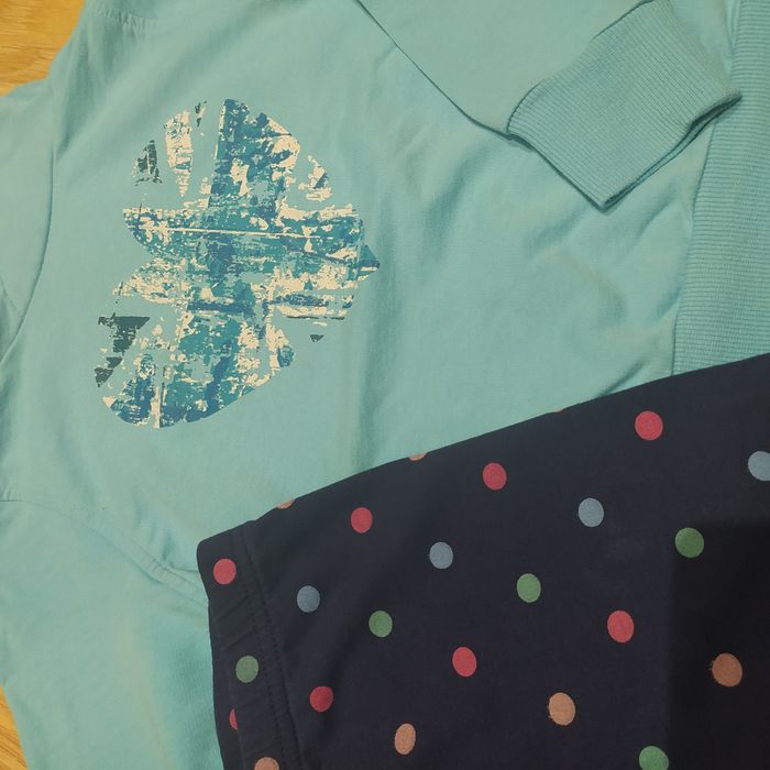 232->zestaw błękitna bluza kołnierz legginsy w kropy 5.10.15 r116 5-6Y