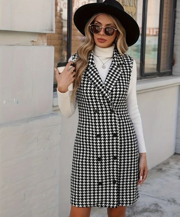 Długa kamizelka damska sukienka pepitka